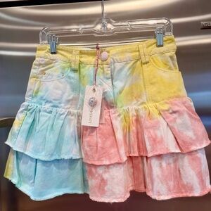 NWT LoveShackFancy Landen Mini Skirt Multicolor Tiedye Tiered Ruffle Radial Dial